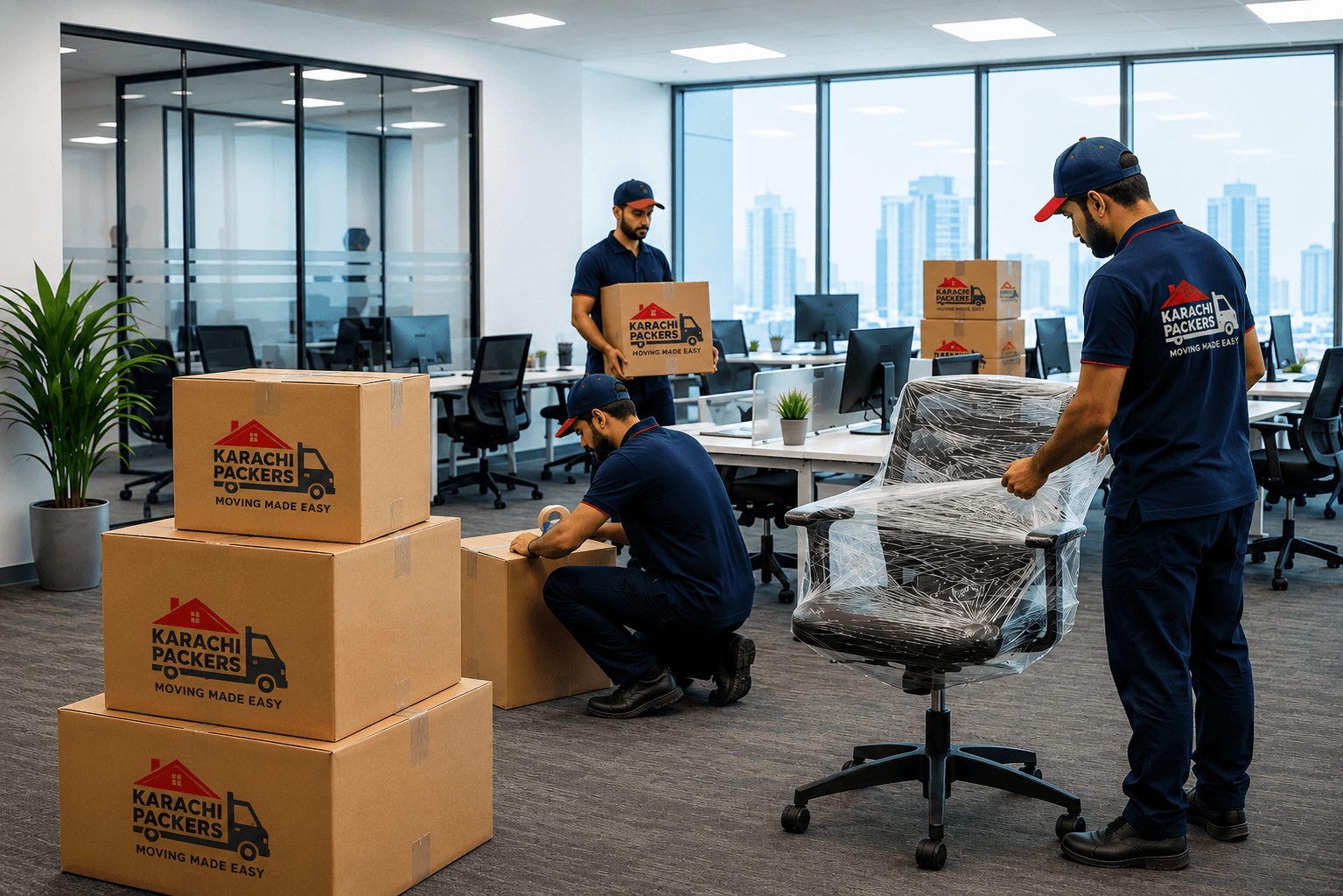 Professional office shifting team packing office furniture and equipment in Karachi