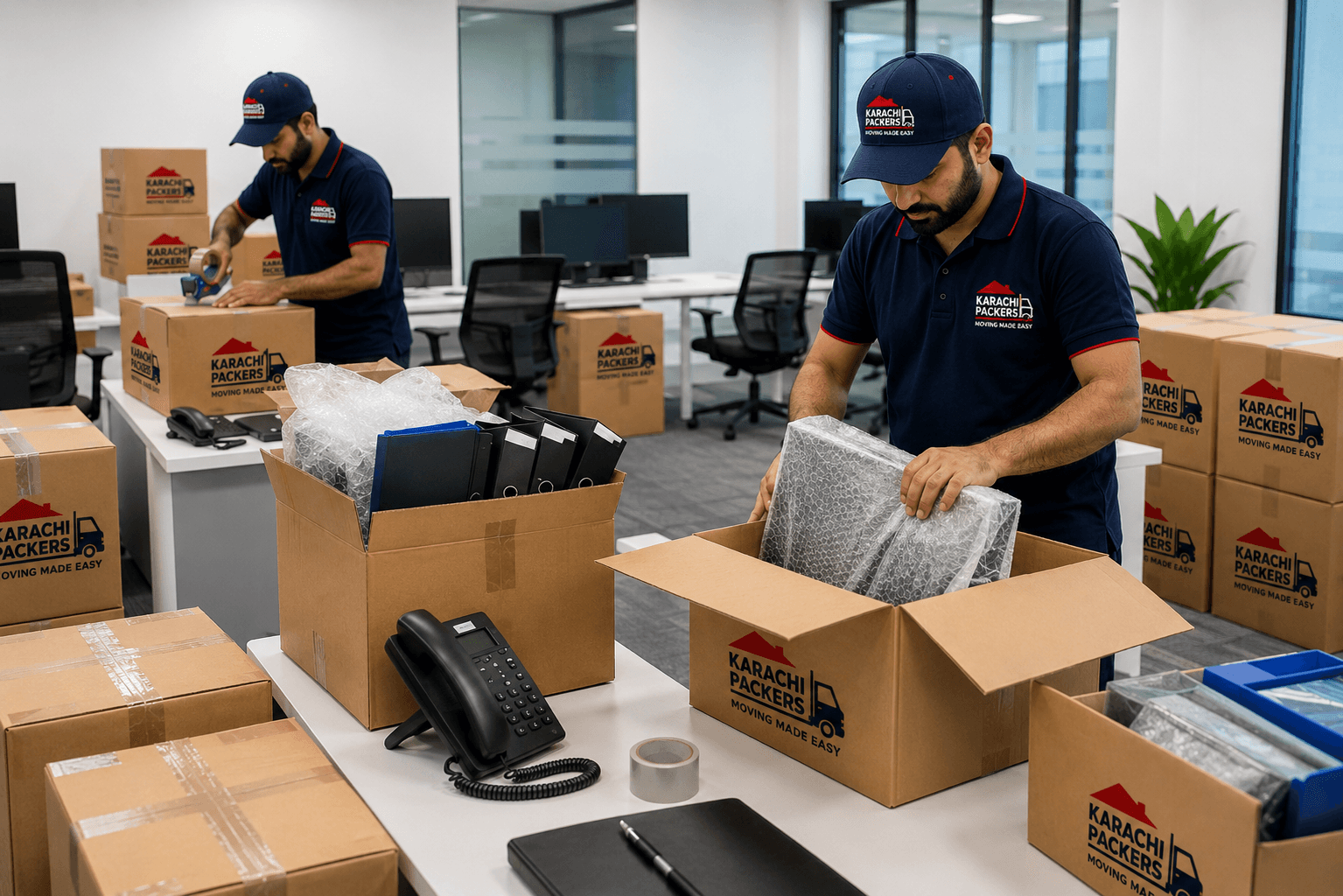 Karachi Packers team professionally packing office items in cartons